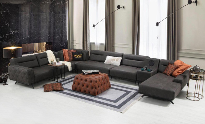 Divano ad angolo a U in tessuto grigio, grande divano a tre posti a forma di L.