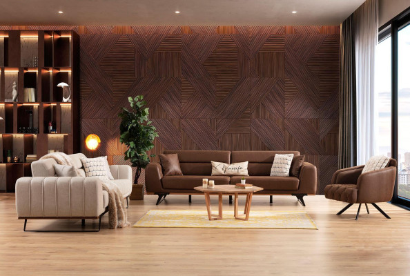 Sofà a 4 posti, 3 posti e poltrona marrone divano imbottito.