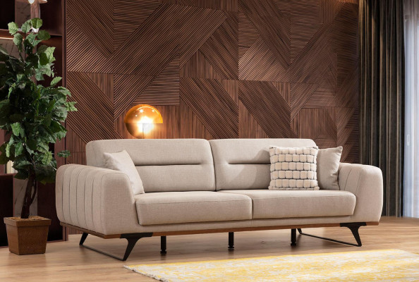 Sofà a 4 posti, 3 posti e poltrona marrone divano imbottito.