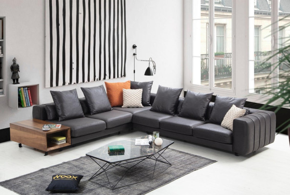 Sofà angolare divano a forma di L in tessuto grigio tavolo