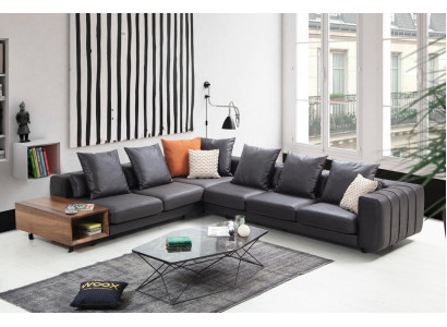 Sofà angolare divano a forma di L in tessuto grigio tavolo