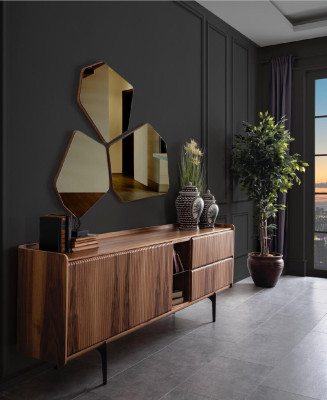 Moderni set di lusso per sala da pranzo: tavolo da pranzo, 2 sedie, credenza, cassettiera.