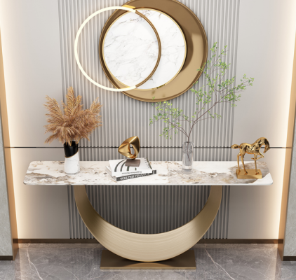 Console soggiorno tavolino design moderno in legno dorato nuovo.