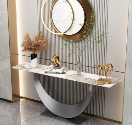 Console di design di lusso moderno, tavolo console di design in acciaio inossidabile argento.