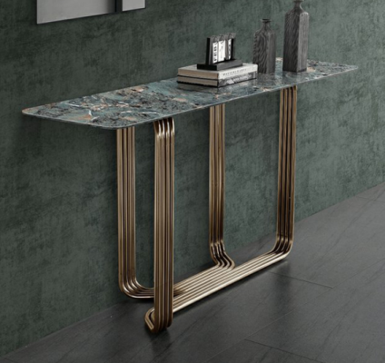 Tavolo console in legno, tavolo console di lusso in design di acciaio inossidabile.
