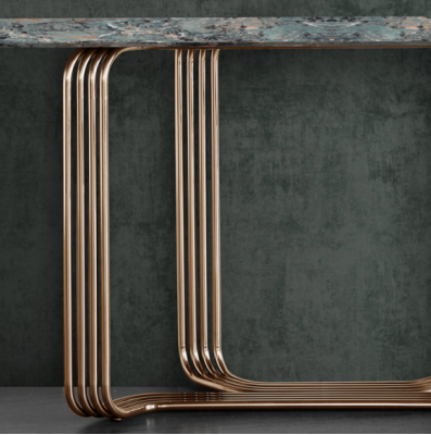 Tavolo console in legno, tavolo console di lusso in design di acciaio inossidabile.