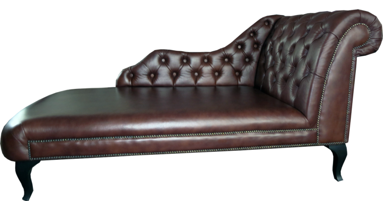 Chaise longue Chesterfield in pelle divano relax con cuscini.