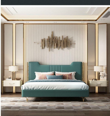 Letto in legno di design moderno. Mobile di lusso. Letti matrimoniali nuovi. Camera da letto imbottita.