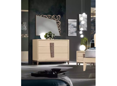 Set camera da letto lussuosa, mobile a specchio, design mobili beige 3 pezzi in legno.