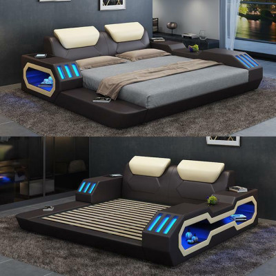 Letto di design di lusso con telaio letto in pelle con USB, letto doppio di lusso per hotel imbottito.