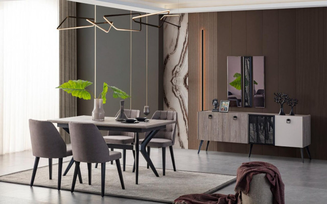 Gruppo da pranzo angolo pranzo tavolo Sedie Legno Grigio Sala da pranzo 9 pezzi Madia