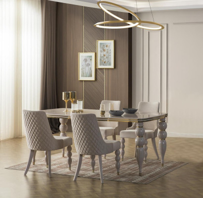 Marrone chiaro Beige Set da pranzo con tavolo da pranzo in legno di design x6 sedie Set di lusso 7 pezzi