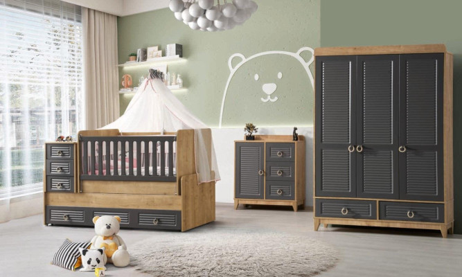 Elegante set di mobili per la camera dei bambini, composto da letto per bambini in legno grigio.