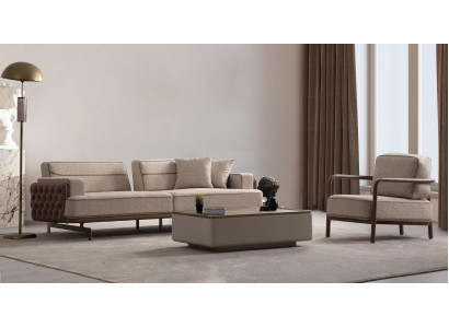 Set soggiorno beige. Divano moderno a tre posti. Due sedie imbottite di lusso. Nuove.