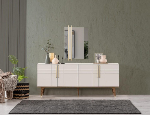 Anrichte Garnitur Sideboard con specchio Comodini Sala da pranzo Legno Bianco