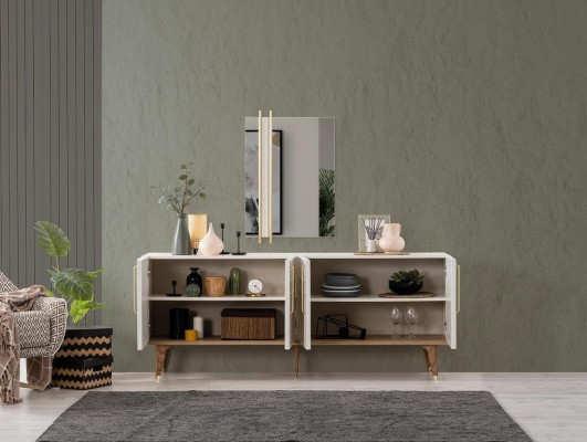 Anrichte Garnitur Sideboard con specchio Comodini Sala da pranzo Legno Bianco