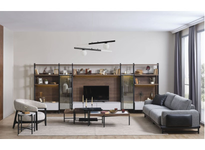 Divano in stoffa di design per il soggiorno con mobili in legno 3 posti poltrone tavolini da salotto