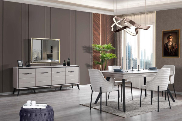 Mobili da sala da pranzo in legno moderni di lusso, credenza a specchio, tavolo da pranzo con 6 sedie