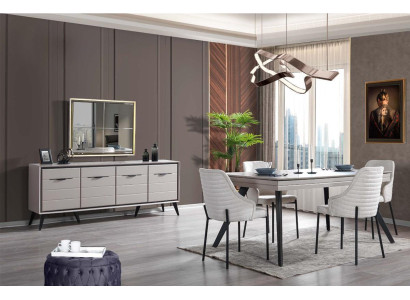 Mobili da sala da pranzo in legno moderni di lusso, credenza a specchio, tavolo da pranzo con 6 sedie