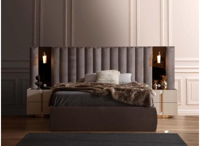 Set da camera da letto marrone con design letto matrimoniale bianco e 2 comodini, 3 pezzi.