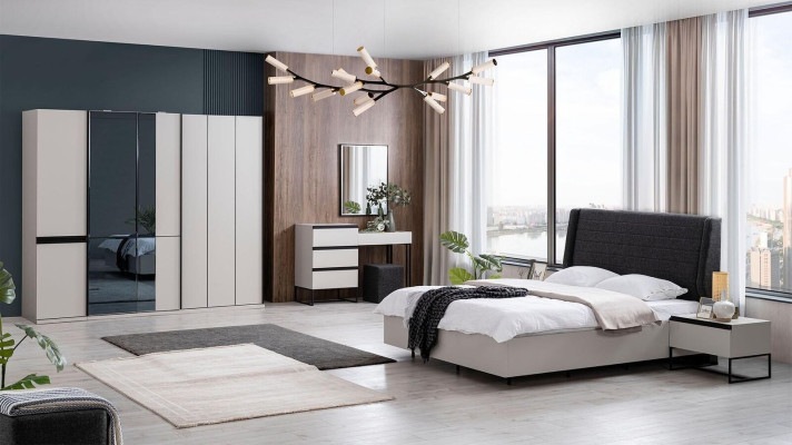 Set da camera da letto con letto matrimoniale, comodini in legno bianco 7 pezzi.