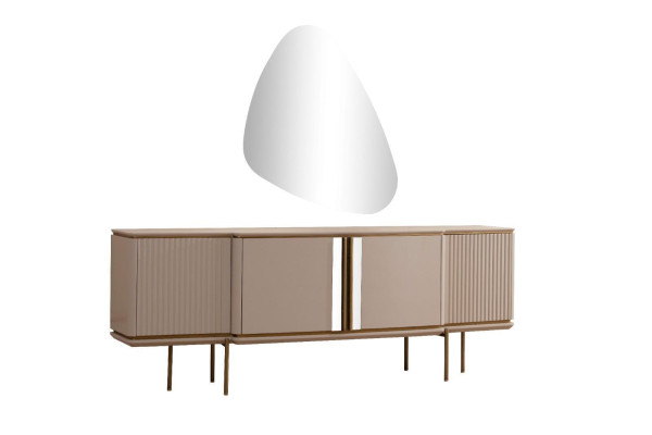 Mobile portaoggetti sala da pranzo beige a 2 ante con specchio di lusso. Mobili moderni in legno.