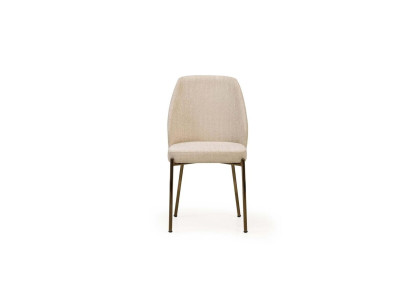 Esclusiva set di sei sedie da sala da pranzo beige completamente imbottite.