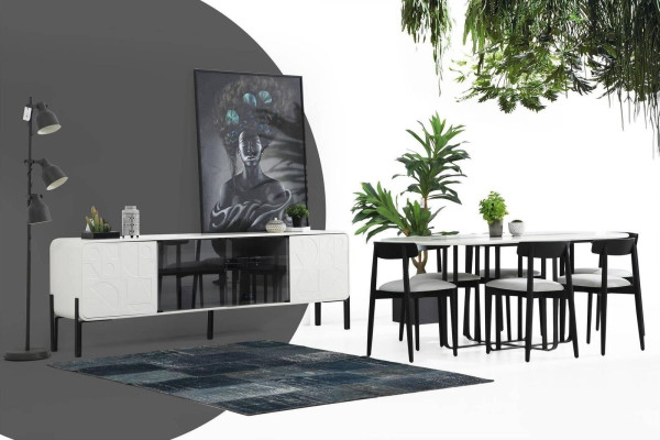Moderno set da pranzo designer per sala da pranzo con tavolo sedie credenza in legno bianco 6 pezzi.