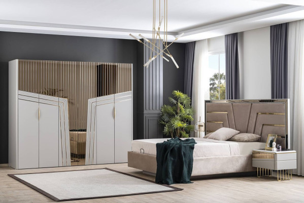 Set da camera da letto moderno con letto da designer, 2 comodini e armadio.