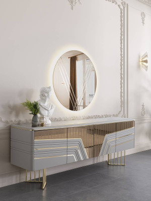 Mobile credenza in argento moderna con specchio rotondo e illuminazione a LED Set design 2 pezzi