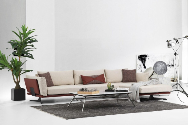Divano angolare con chaise longue a L 2 posti beige moderno in stoffa set divani d'angolo.