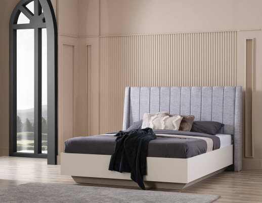 Set di lenzuola matrimoniali in tessuto bianco con cornice letto in legno, 7 pezzi.