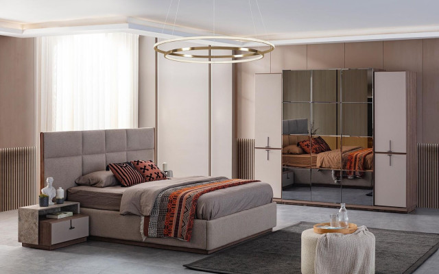 Camera da letto completa, letto matrimoniale, comodini, grigio, 4 pezzi, armadio