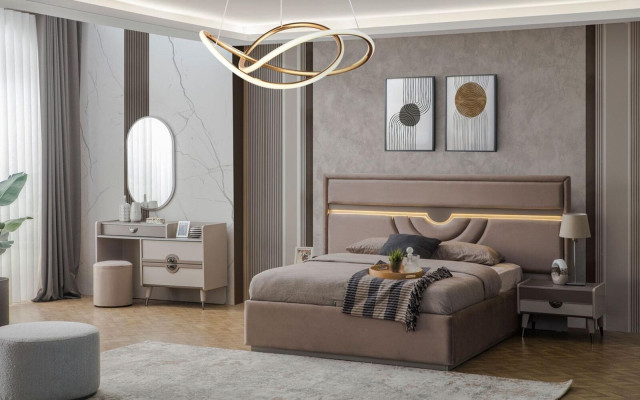 Set letto matrimoniale Beige 6 pezzi con comodini e tavolino trucco moderno.   Set letto matrimoniale Beige 6 pezzi con comodini e tavolino trucco moderno.