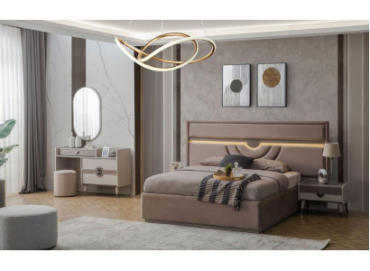 Set letto matrimoniale Beige 6 pezzi con comodini e tavolino trucco moderno.   Set letto matrimoniale Beige 6 pezzi con comodini e tavolino trucco moderno.