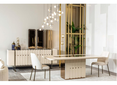 Moderno set da sala da pranzo bianca tavolo buffet sedie x3 specchio 9 pezzi.