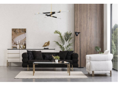 Set da salotto con divano designer nero di lusso, poltrona bianca a tre posti.