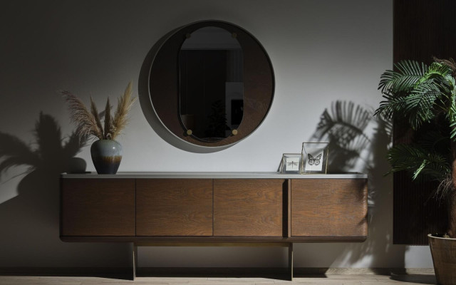 Mobile marrone Mobilio in legno moderno Lusso Specchio rotondo Soggiorno 2 pezzi