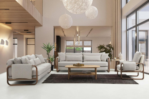 Completto salotto divano 3-2-1 posti moderno in tessuto grigio, set.