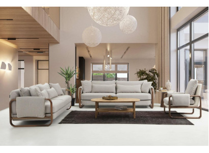 Completto salotto divano 3-2-1 posti moderno in tessuto grigio, set.