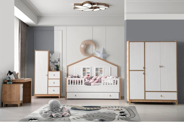 Set per la camera dei bambini elegante, letto, armadio e scrivania, 4 pezzi luminoso.