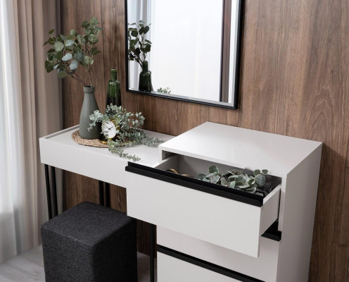 Tavolo da toeletta, tavolo per truccarsi, consolle, cassettiera, set di specchi 3 pezzi bianco