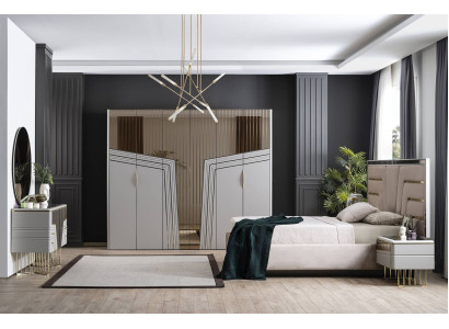 Set moderno per la camera da letto con letto di lusso, due comodini e armadio 6 pezzi.
