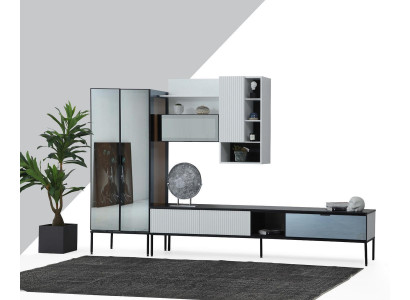 Mobile porta TV con scaffale RTV, Lowboard, vetrina in legno moderno bianco per il soggiorno.