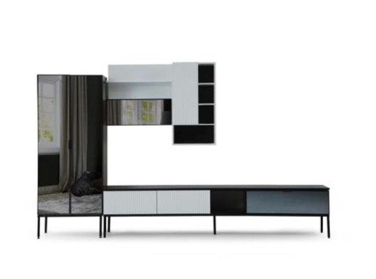 Mobile porta TV con scaffale RTV, Lowboard, vetrina in legno moderno bianco per il soggiorno.