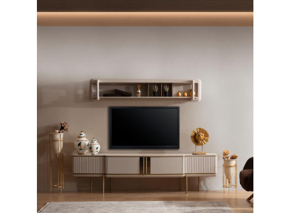 Moderno mobile basso per soggiorno con mensole da designer in legno, set di mobili nuovo.