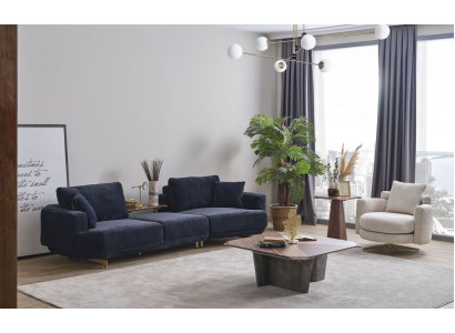 Divano a tre posti blu, poltrona bianca, set da soggiorno design a 2 pezzi.