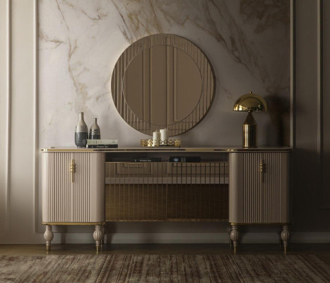 Set di lussuoso salotto, credenza moderna in vetro, specchio e legno.