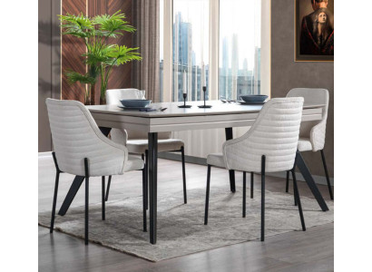 Set da pranzo bianco di lusso con 6 sedie imbottite e tavolo rettangolare.