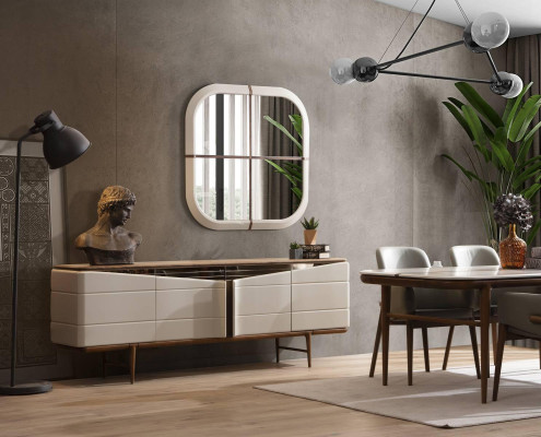 Set da pranzo beige con credenza specchiata rettangolare mobili di lusso in legno